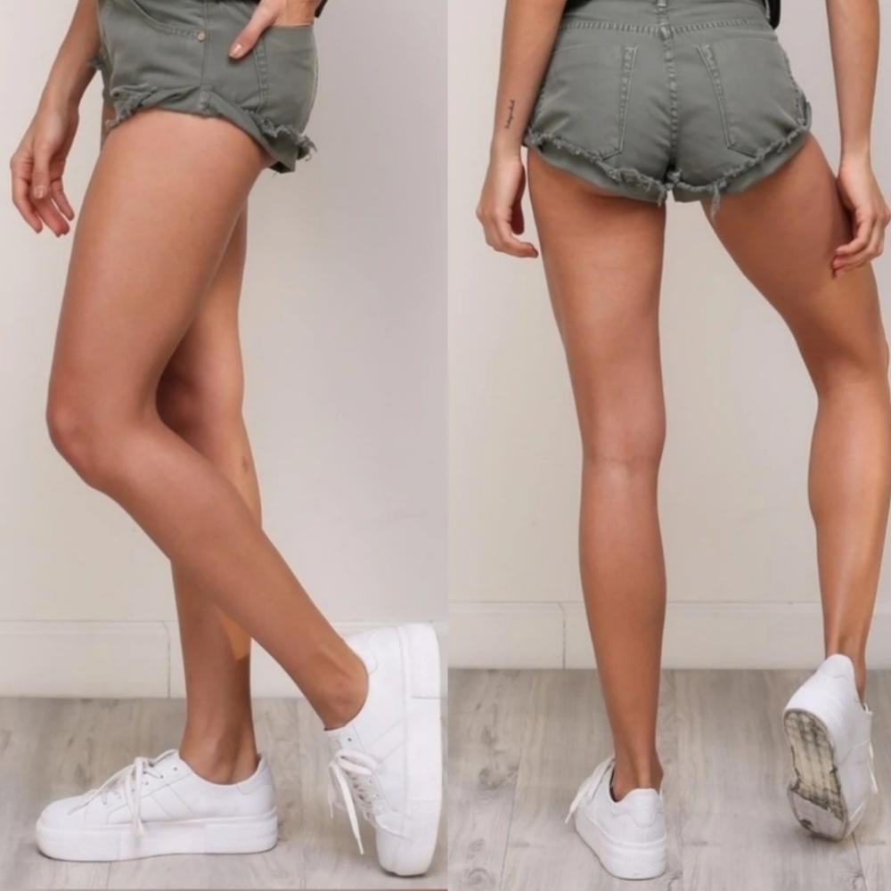 Olive Green Rolled Raw Hem Shorts - Picture 2 of 2